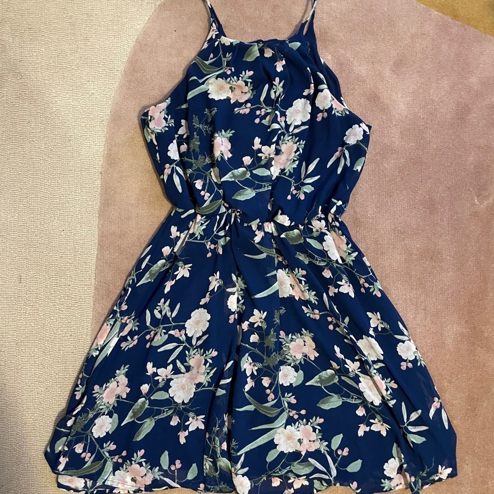 Navy Floral High Neck Strapless Dress